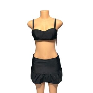 Tahari Black Two Piece Swimsuit Size M Ruffle Skirt Bra Top UPF‎ 40+